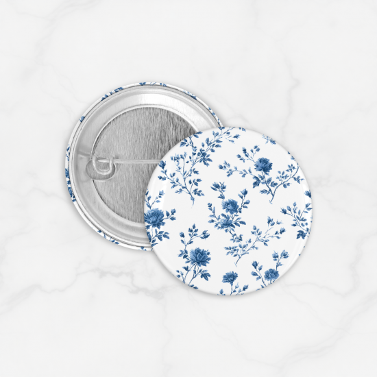 Pin Bros Buttons Tema Tiny Blue French Toile Floral Pattern Size 75mm
